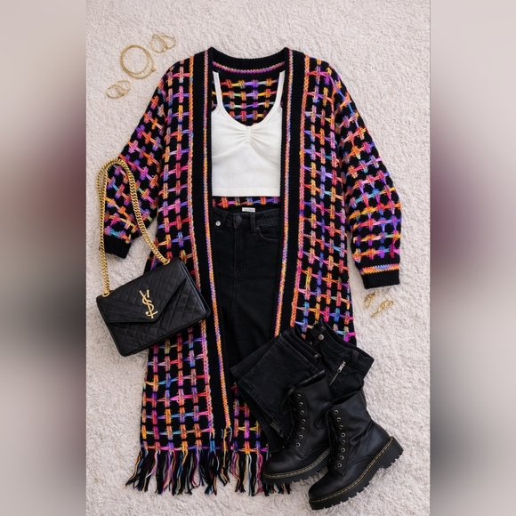Boho Fringe Long Knit Cardigan Duster Multicolor Cozy Festival Sweater - Picture 2 of 9